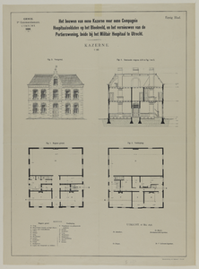 217621 Aanzicht, doorsnede en plattegronden van het kazernegebouw voor hospitaalsoldaten op het terrein van het ...